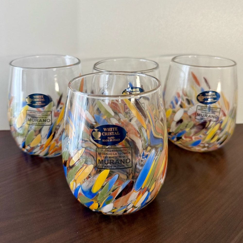 4-Set Murano Confetti Mosaic Art Glass Stemless Wine Tumblers Handmade In Italy - Picture 3 of 5